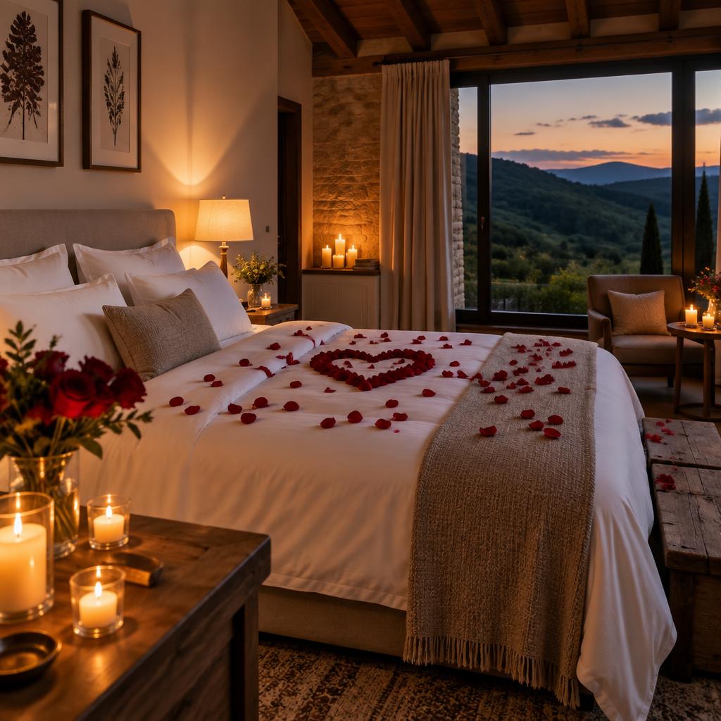 Decoração romântica com pétalas e velas sobre a cama do loft