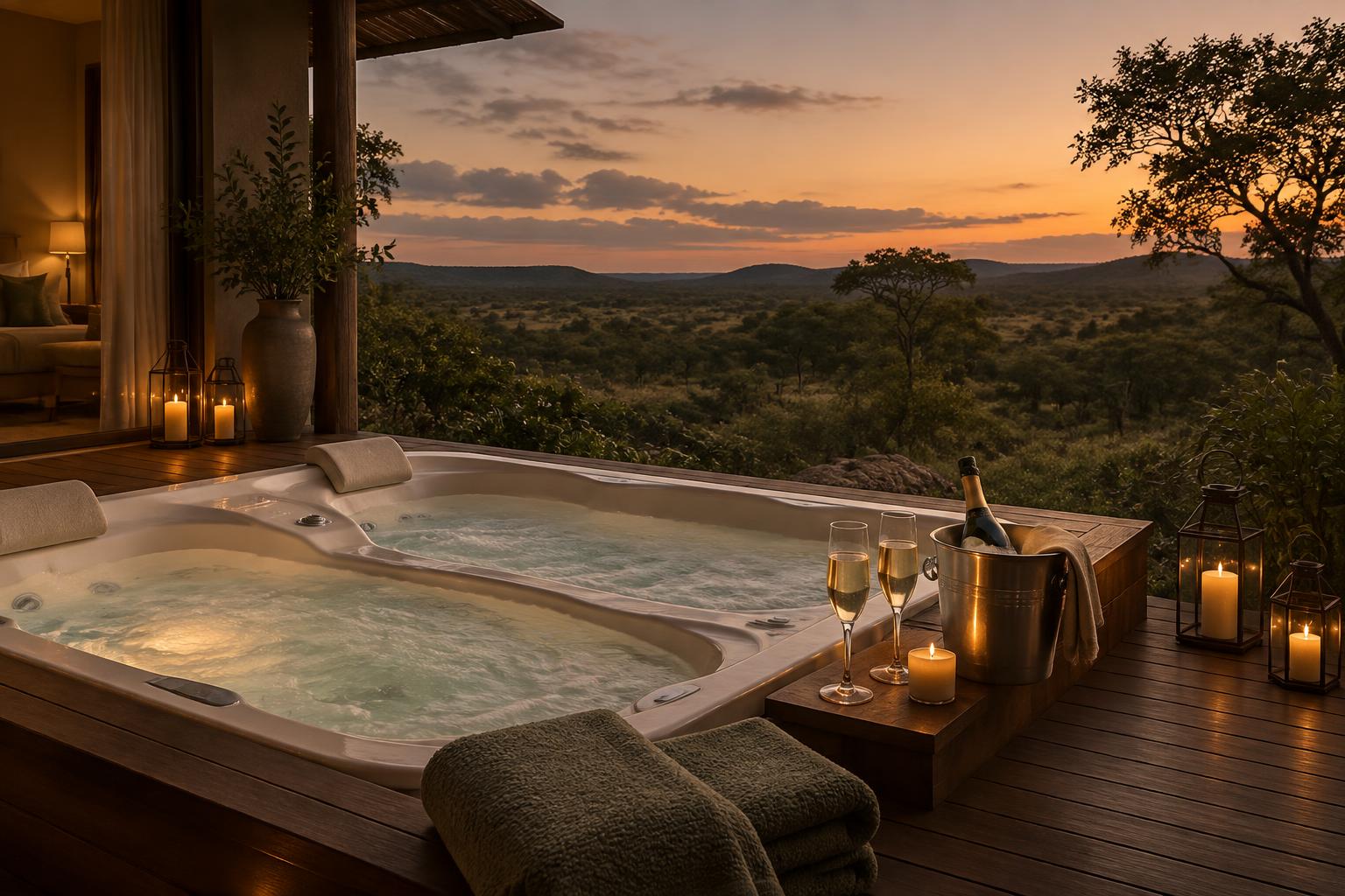 Jacuzzi aquecida do loft ao anoitecer, com velas e vista para o cerrado