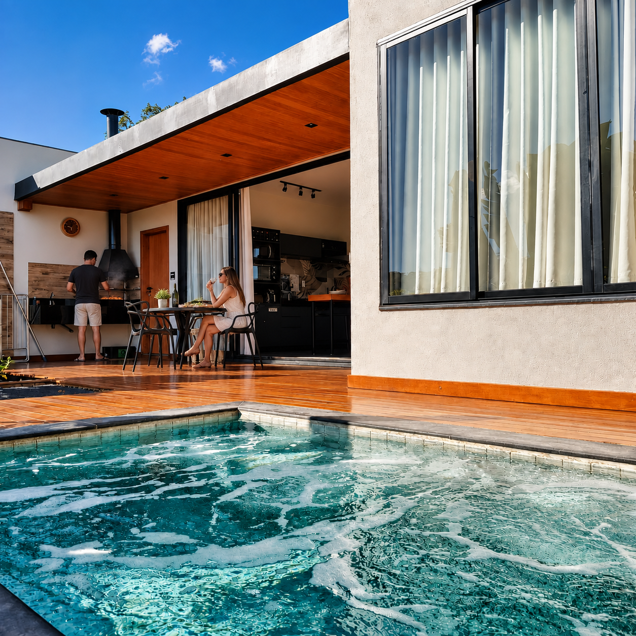 Piscina em primeiro plano e churrasqueira coberta ao fundo com um casal