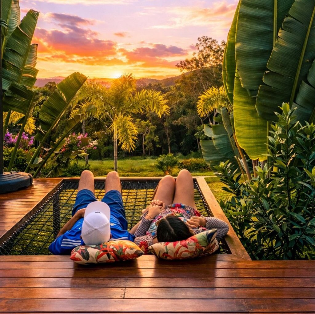 Casal deitado na rede suspensa contemplando o pôr do sol sobre a natureza